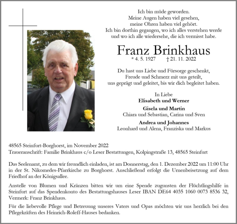 Gedenkseite f r Franz Brinkhaus Bestattungen Leser